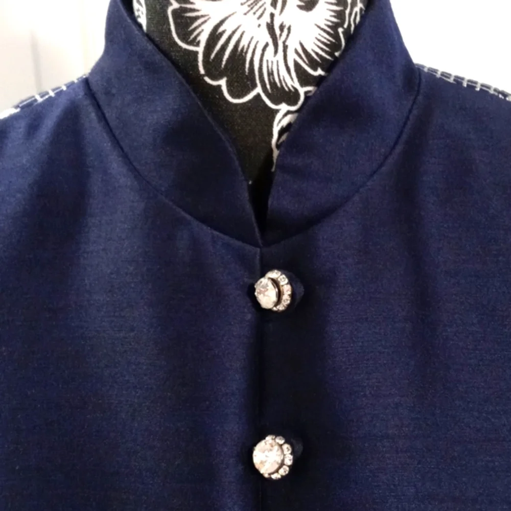 💙VTG 1960s Oscar de la Renta💙 - Navy Silk & Silver Metallic Plaid Mod Dress - Picture 6 of 16